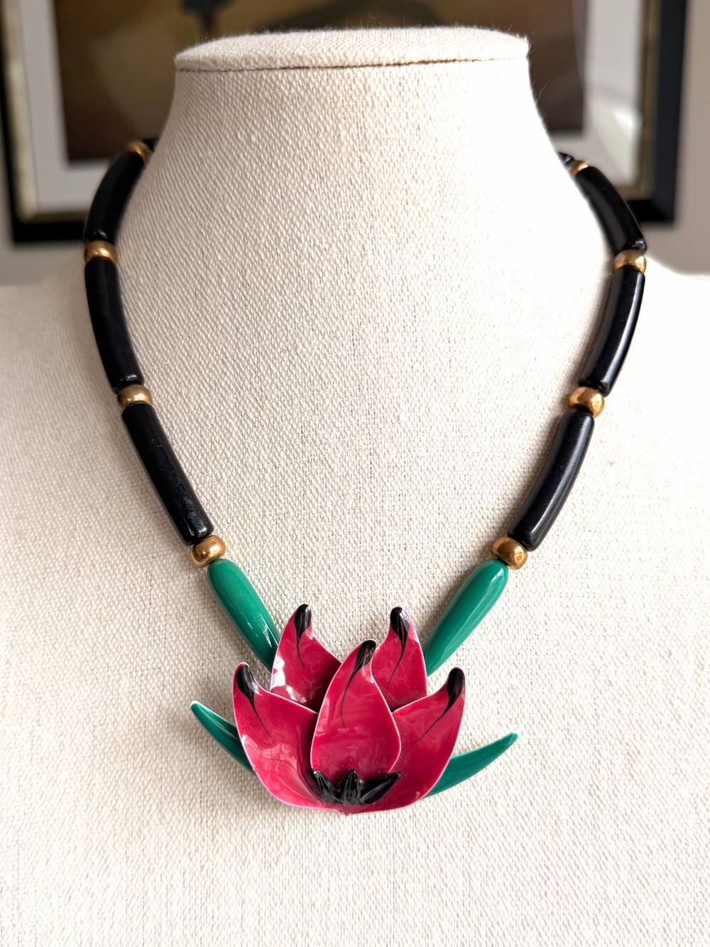 Vintage Asian Inspired Lotus Flower Statement Necklace Tubular Beads
